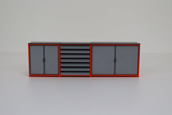 Realistic gray and orange tool storage cabinets for 1:18 diecast garage displays.