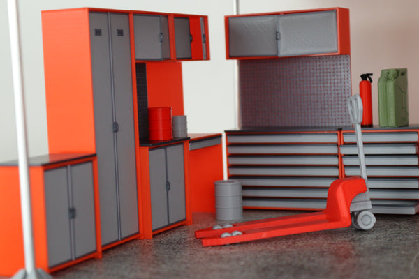 Model garage furniture set for 1:18 diecast car dioramas and displays
