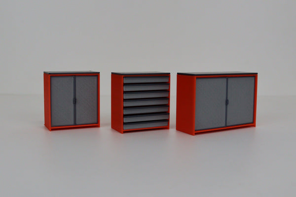 Miniature garage cabinets with drawers and doors for 1:18 scale model car dioramas