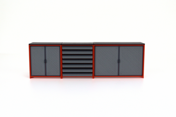 1:18 scale garage storage cabinets set in gray with orange trim for diecast diorama displays