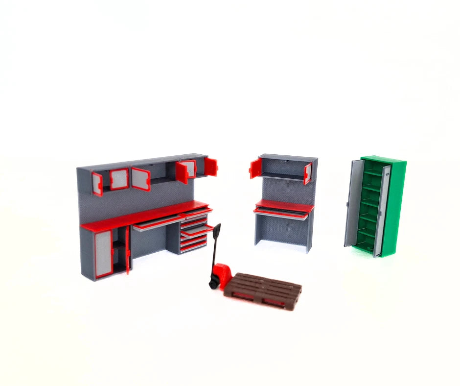 1:43 Scale Workshop Diorama Furniture Set – Modular Garage Cabinets Accessories