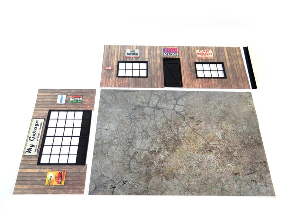 Assembled 1:64 scale garage model for die-cast cars.