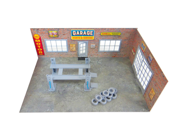 diorama brick garage with car model lifter and tires