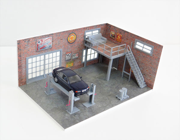 Scale 1:43 DIY Two-floor brick garage service Diorama model kit Car display