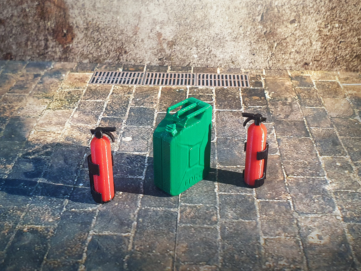 Fire extinguishers and petrol tube. Scale 1:18.