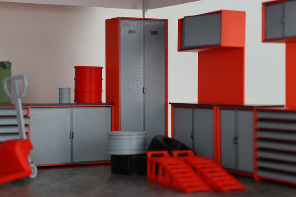 1:18 scale miniature garage cabinet with storage drawers and side doors