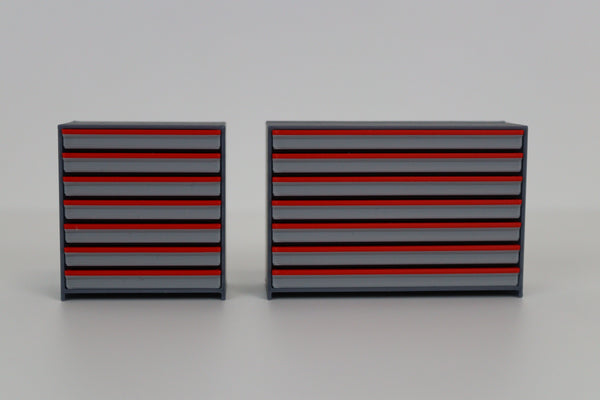 Miniature red and gray tool chest for 1:18 scale garage diorama and collector setups.