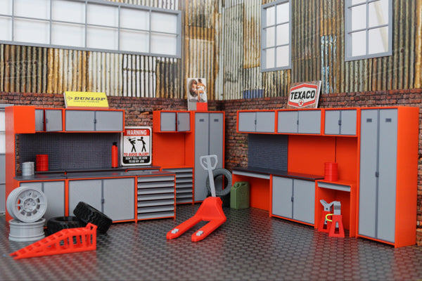 Miniature gray cabinet with orange trim for 1:18 scale collector displays.
