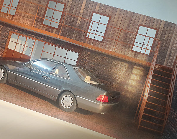 1:18 scale garage model kit with double doors, windows, and parking base.