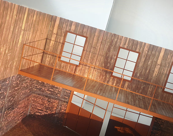 Diorama garage display for die-cast car models, two stories with railing and stairs.