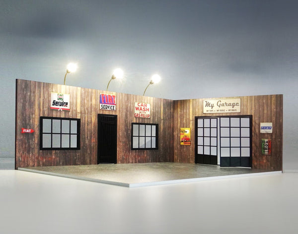 A 1:18 scale model kit of a wooden car garage with LED lights, featuring a parking base, double garage doors, and display windows.