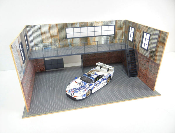 Two-story auto garage diorama kit in 1:18 scale front view