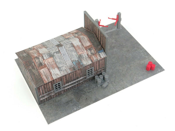 Hobby model garage workshop kit with roof, doors, and plastic windows