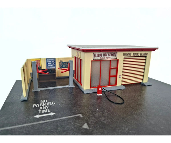 1:64 tire shop diorama with vehicle lift and realistic service bay