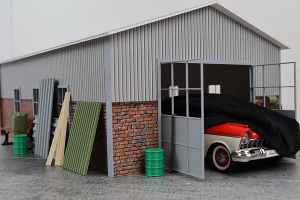 Miniature 1:18 scale hangar garage display with car (CAR and ACCESSORIES NOT INCLUDED) 