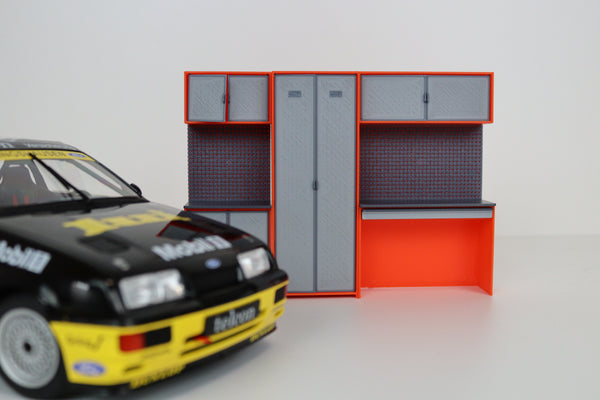 Miniature workshop cabinet set with wall-mounted storage for dioramas
