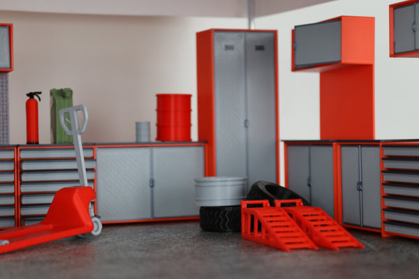 1:18 scale diorama cabinet system with drawers and overhead cupboards