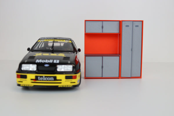 Miniature garage storage furniture set for diecast car collector displays