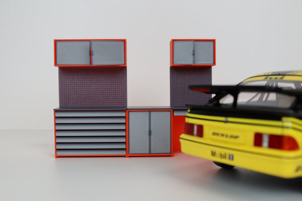 Diecast car display accessory cabinet with drawers and cupboards
