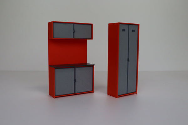 Miniature diorama storage cabinets with drawers and cupboards for 1:18 scale