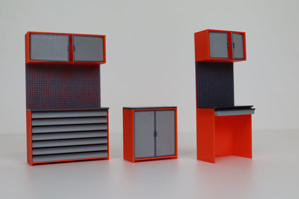 Miniature workshop storage unit with drawers and cupboards in orange and grey