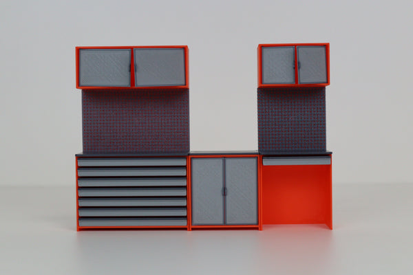 Orange and grey model garage tool storage with pegboard design
