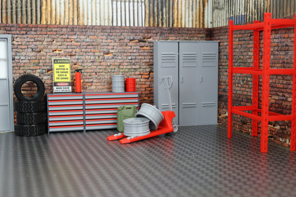 Scale model garage tool drawers in red and gray, designed for 1:18 diorama scenes