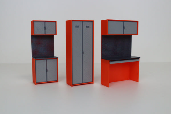 Collector’s garage diorama cabinet in orange and grey with storage drawers