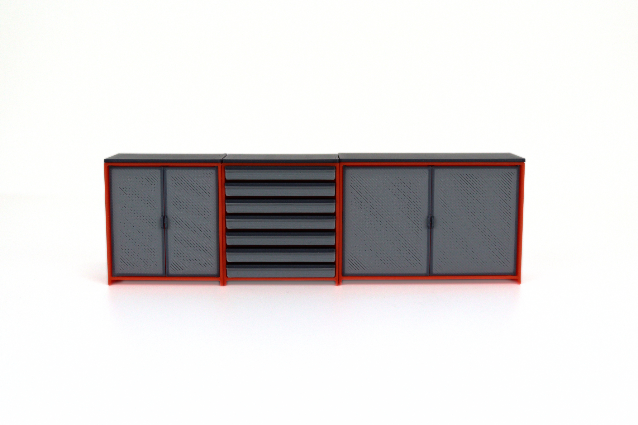1:18 scale garage storage cabinets set in gray with orange trim for diecast diorama displays