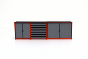 1:18 scale garage storage cabinets set in gray with orange trim for diecast diorama displays