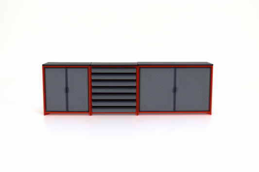 1:18 scale garage storage cabinets set in gray with orange trim for diecast diorama displays