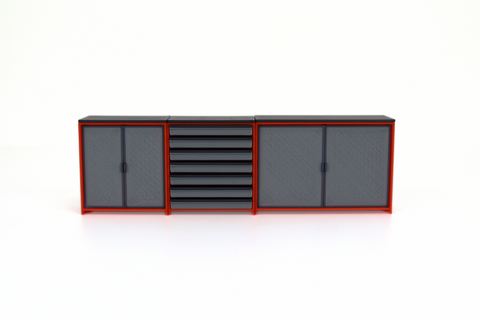1:18 scale garage storage cabinets set in gray with orange trim for diecast diorama displays