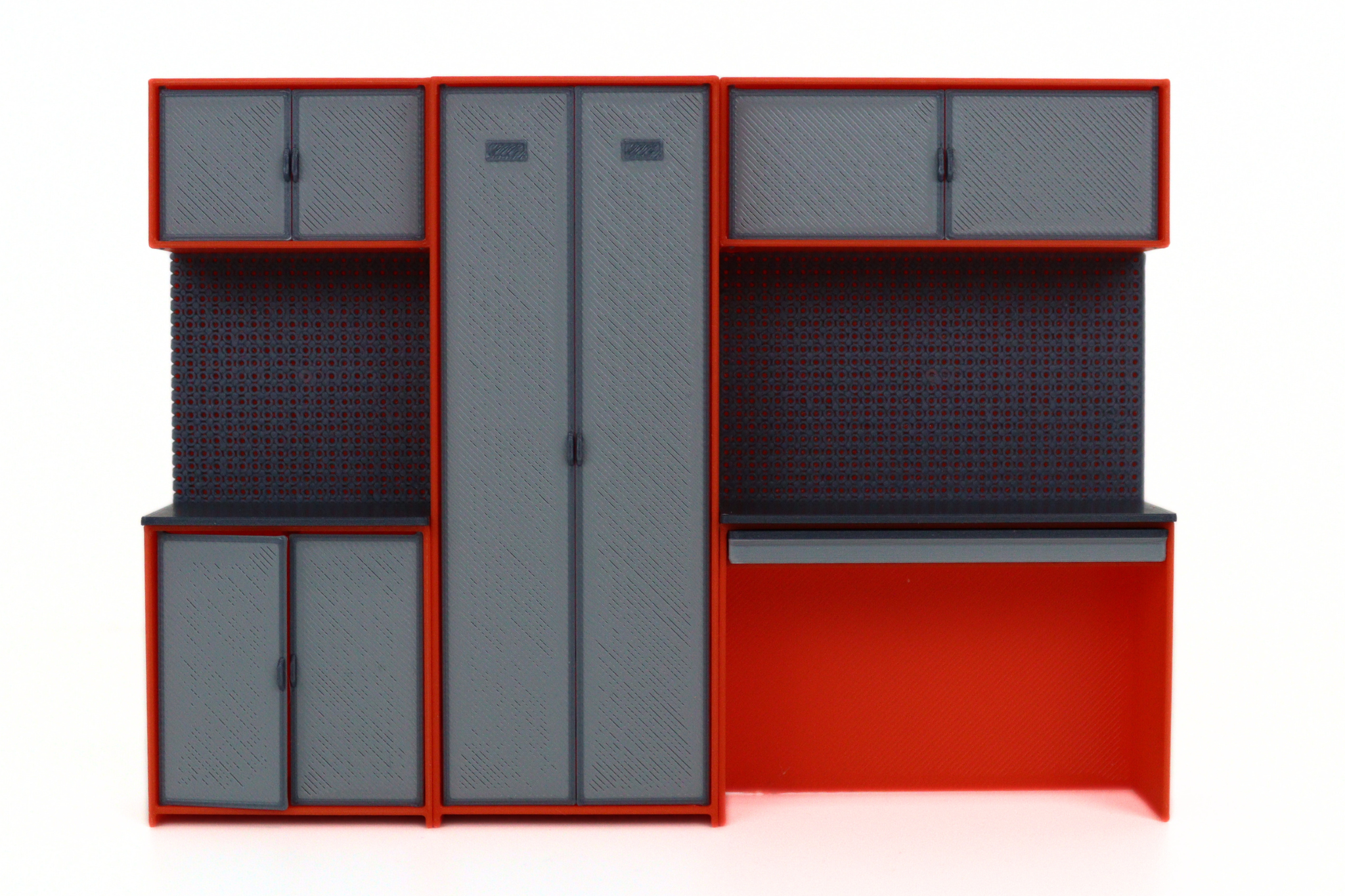 Miniature garage cabinet system with pegboard backing for 1:18 displays