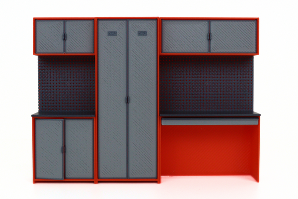 Miniature garage cabinet system with pegboard backing for 1:18 displays