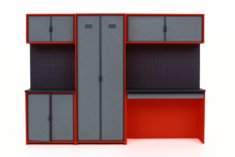 Miniature garage cabinet system with pegboard backing for 1:18 displays