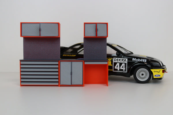 Miniature workshop cabinet set with wall-mounted storage for dioramas