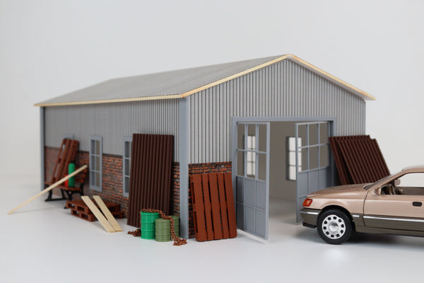 Miniature hangar garage exterior with realistic industrial details in 1:24 scale (NOT INCLUDED )