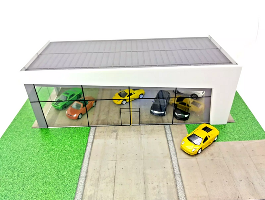 Top-down view showing parking area and diorama layout