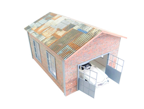 Front view of assembled 1:24 scale brick garage with open garage door