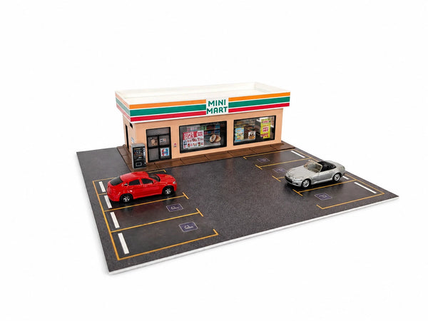 1:64 scale convenience store diorama kit with parking lot for diecast cars