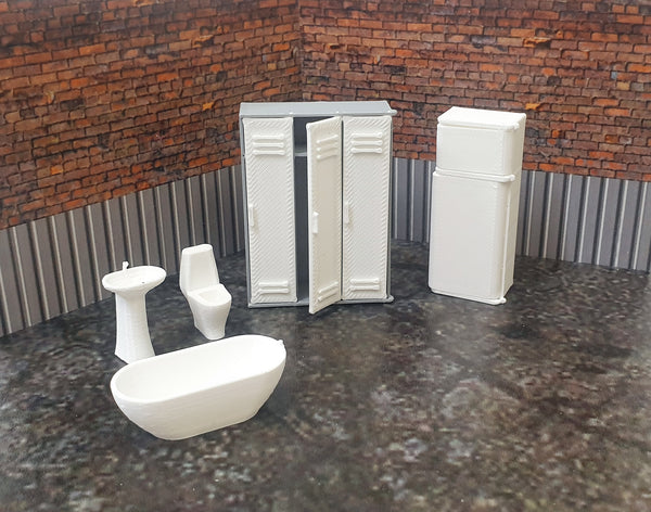 Diorama bathroom equipment. Scale 1:43. Domestic equipment. Diorama toilet seat, sink, bathtub, refrigerator, wardrobe