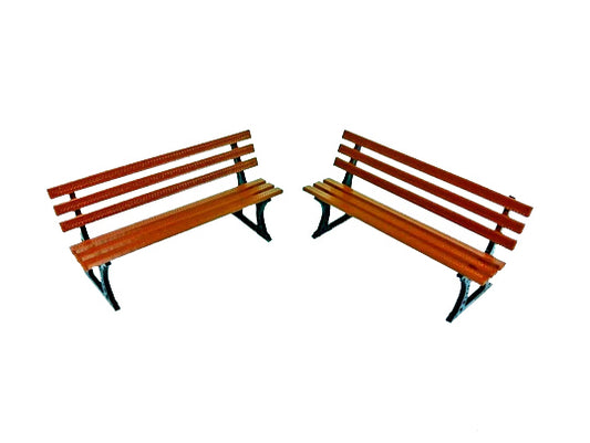 Two 1/24 scale miniature brown street or park benches with dark metal-like legs, intended for diorama and display decoration.