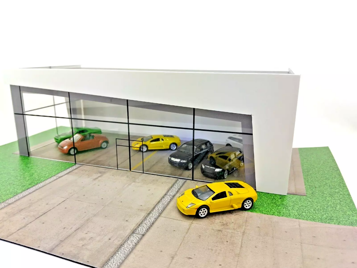 Front view of 1:64 scale car showroom with LED lighting