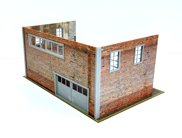 Garage with brick, metal walls and second floor. Scale 1:43. Two floors open garage.
