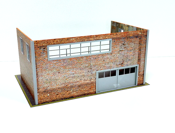 Garage with brick, metal walls and second floor. Scale 1:43. Two floors open garage.