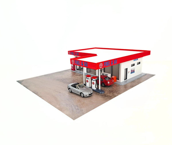 Premium plastic 1:64 fuel station diorama with covered forecourt