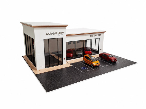 1:64 scale modern car showroom diorama kit with parking lot for diecast cars