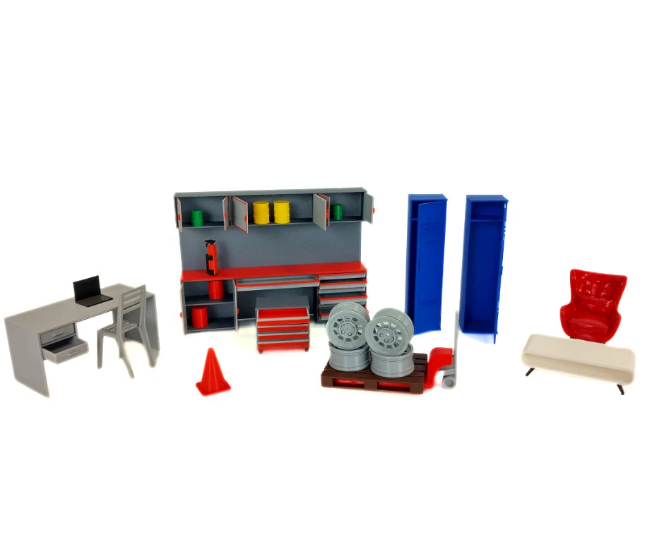 1:18 Scale Garage Diorama Accessory Set – Cabinet Lockers Furniture & Tools 1/18