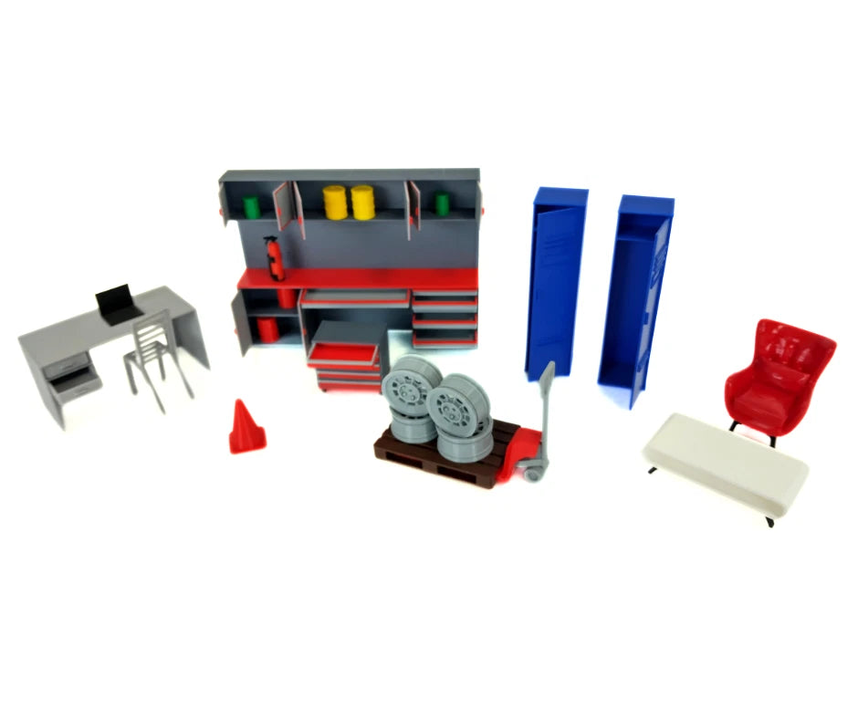 1:18 Scale Garage Diorama Accessory Set – Cabinet Lockers Furniture & Tools 1/18