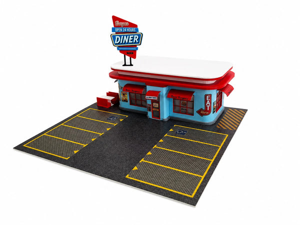 1:64 scale retro American diner diorama kit with parking lot and roadside sign